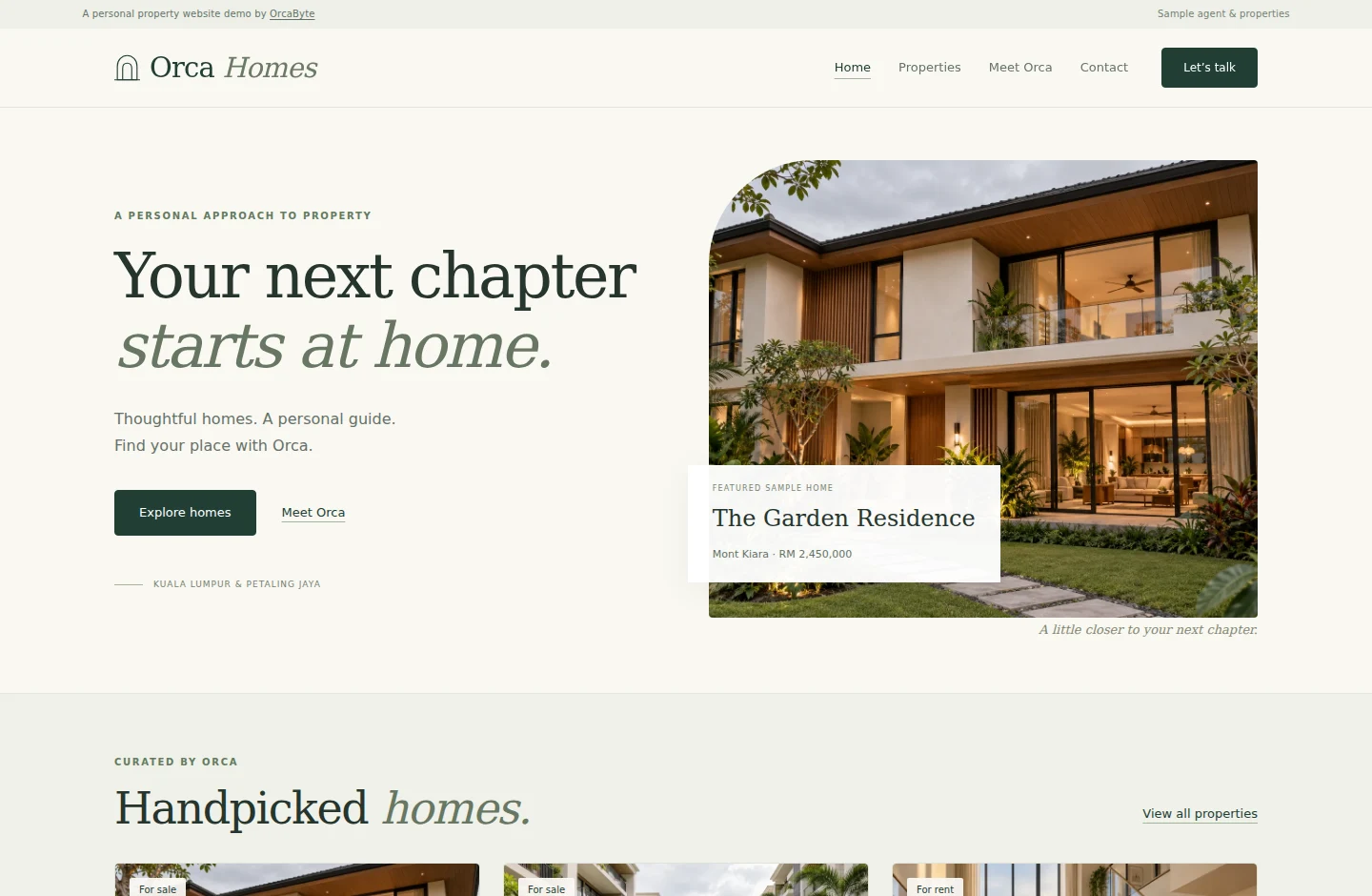 Orca Homes homepage with property listings and agent introduction